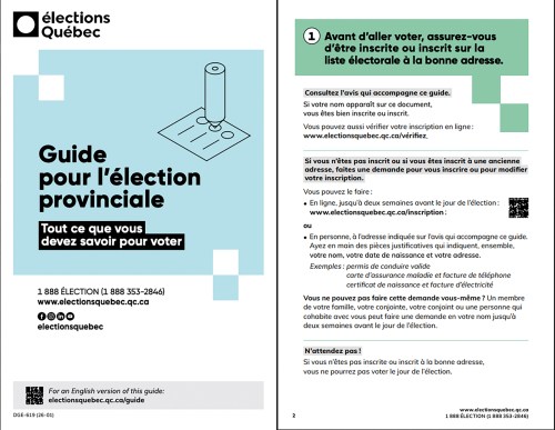 The Élections Québec voter guide seen in this undated photo. — THE CANADIAN PRESS/Handout — Élections Québec (Mandatory Credit)