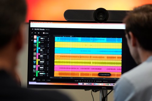 Waveforms of audio files from various instruments are displayed on a computer screen during the creation of an AI musical piece at SUNO, Tuesday, Jan. 13, 2026, in Cambridge, Mass. (AP Photo/Robert F. Bukaty)