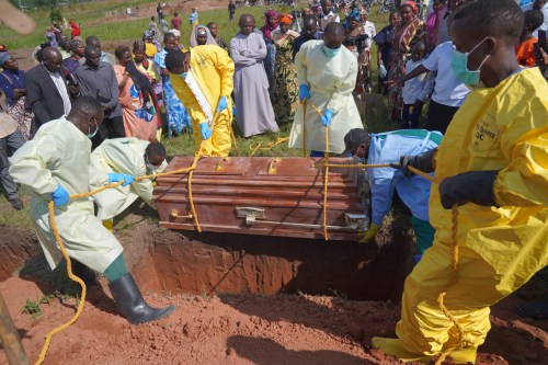 Health workers bury the coffin of Neema Minaro, a 66 year old woman who died of the Ebola virus, in Bunia, Congo, Wednesday, Sept. 2, 2026. (AP Photo/Dieudonne Dirole)
