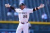 Colorado Rockies' Brett Sullivan celebrates after driving in the winning run with a walkoff single off Baltimore Orioles relief pitcher Grant Wolfram in the 11th inning of a baseball game Wednesday, Sept. 2, 2026, in Denver. (AP Photo/David Zalubowski)