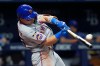 New York Mets' Nick Morabito connects for a three-run double off Tampa Bay Rays pitcher Manuel Rodríguez during the seventh inning of a baseball game Wednesday, Sept. 2, 2026, in St. Petersburg, Fla. (AP Photo/Chris O'Meara)