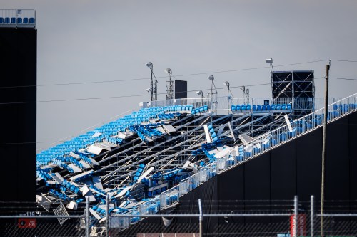 Collapsed stadium seating is seen at Rogers Stadium after a storm blew through Toronto, Ont., on Thursday, Sept. 3, 2026. THE CANADIAN PRESS/Keito Newman