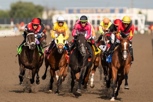 Jockey's race their horses during the 165th running of the Kings's Plate horse race in Toronto on Friday, August 23, 2024. THE CANADIAN PRESS/Paige Taylor White