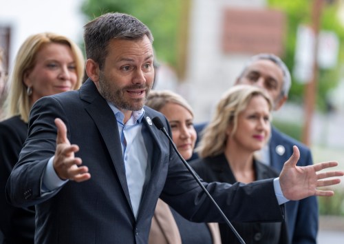 Parti Québécois Leader Paul St-Pierre Plamondon gestures as he speaks to the media during a campaign stop in Saint-Jerome, Que., on Wednesday, Sept. 2, 2026. Quebec votes in a provincial election on Oct. 5, 2026. THE CANADIAN PRESS/Christinne Muschi