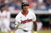 Cleveland Guardians' Brayan Rocchio gestures as he runs the bases after hitting a grand slam home run in the fourth inning of the first baseball game of a split doubleheader against the Detroit Tigers in Cleveland, Friday, Sept. 4, 2026. (AP Photo/Sue Ogrocki)