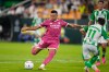 Real Madrid's Kylian Mbappe, left, attempts a shot on goal during the Spanish La Liga soccer match between Real Betis and Real Madrid in Seville, Spain, Friday, Sept. 4, 2026. (AP Photo/Jose Breton)