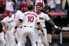 Cleveland Guardians' Brayan Rocchio, right, celebrates with teammates after hitting the game winning home run in the ninth inning of the first baseball game of a split doubleheader against the Detroit Tigers in Cleveland, Friday, Sept. 4, 2026. (AP Photo/Sue Ogrocki)