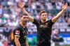 Elversberg's Felix Keidel, left, celebrates scoring with teammate Lukas Petkov during the Bundesliga soccer match between Borussia Mönchengladbach and SV Elversberg in Mönchengladbach, Germany, Saturday Sept. 5, 2026. (David Inderlied/dpa via AP)
