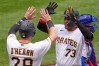 Pittsburgh Pirates' Shawn Ross (73) celebrates with Ryan O'Hearn (29) after hitting a two-run home run off Cubs pitcher Jameson Taillon during the second inning of a baseball game in Pittsburgh, Sunday, July 26, 2026. (AP Photo/Gene J. Puskar)