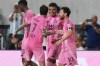 Inter Miami midfielder Casemiro (5) celebrates with midfielder Rodrigo De Paul (7) and forward Leo Messi (10) after scoring a goal during the first half of an MLS soccer match against Atlanta United, Saturday, Sept. 5, 2026, in Miami. (AP Photo/Lynne Sladky)
