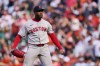 Boston Red Sox pitcher Aroldis Chapman reacts after striking out Baltimore Orioles' Christian Encarnacion-Strand during the ninth inning of a baseball game, Sunday, Sept. 6, 2026, in Baltimore. (AP Photo/Stephanie Scarbrough)