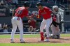 Cleveland Guardians' Steven Kwan (38) congratulates Brayan Rocchio, front right, after Rocchio hit a solo home run off Detroit Tigers starting pitcher Jackson Jobe during the fifth inning of a baseball game, Sunday, Sept. 6, 2026, in Cleveland. (AP Photo/Phil Long)