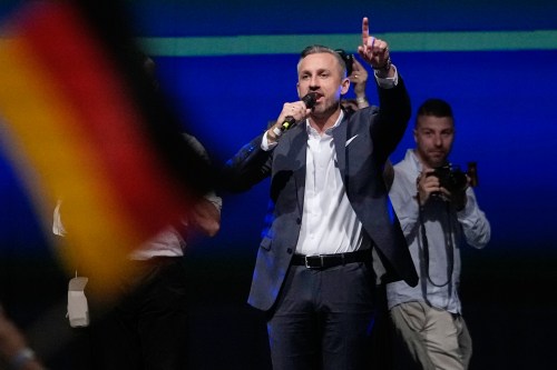 Top candidate Ulrich Siegmund speaks at an election party of the 