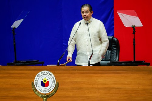 FILE - House Speaker Martin Romualdez hears the decision of members of Congress to impeach Vice President Sara Duterte at the House of Representatives in Quezon City in Manila, Philippines, Wednesday, Feb.5, 2025. (AP Photo/Gerard Carreon, File)