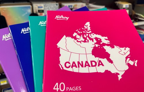 Hilroy’s 40-page exercise book with a copyright year of 2025 shows a map of Canada that appears to be missing Newfoundland and a part of Nova Scotia, pictured in a Walmart in Fredericton on Sept. 2, 2026. THE CANADIAN PRESS/Eli Ridder