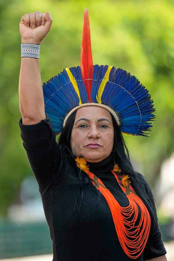Chirley Pankara, Indigenous candidate for São Paulo state representative, poses for a photo during a gathering to celebrate International Day of the World's Indigenous Peoples in São Paulo, Sunday. (Andre Penner / The Associated Press)