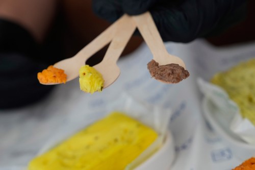 Butter samples in different flavors are offered to customers on wooden spoons at Le Butter Shop, the first shop devoted entirely to butter in Paris, France, Tuesday Aug. 25, 2026. (AP Photo/Christophe Ena)