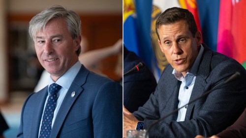 This composite image shows Nova Scotia Premier Tim Houston, left, on Tuesday, July 21, 2026, and P.E.I. Premier Rob Lantz, right, on Wednesday, July 22, 2026, in Charlottetown. THE CANADIAN PRESS/Darren Calabrese