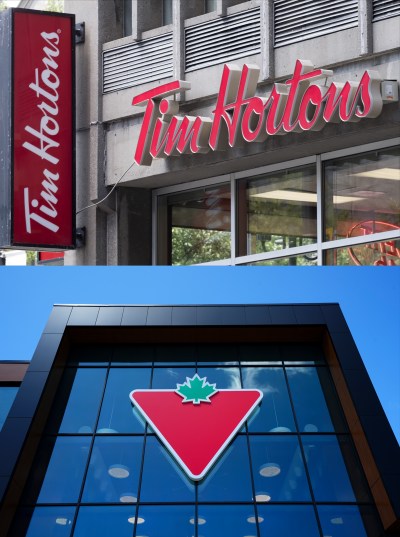 A composite photo of Tim Hortons in Montreal and Canadian Tire in Ottawa. THE CANADIAN PRESS/Paul Chiasson, Sean Kilpatrick