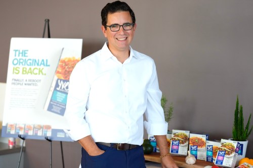Adam Grogan, Maple Leafs Food Chief Operating Officer, stands with Yves veggie cuisine packaging at the company's Mississauga Offices, as they revive the meat alternative brand, on Wednesday, Sept. 23, 2026. THE CANADIAN PRESS/Chris Young