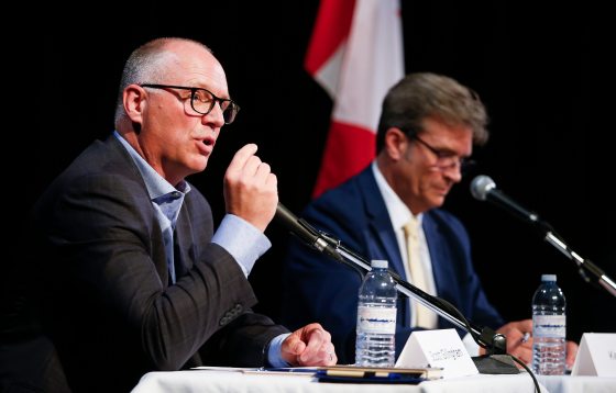 Scott Gillingham (left) and Kevin Klein, together again: Klein’s announced candidacy for mayor certainly makes the Oct. 28 election a race. (John Woods / Free Press files)