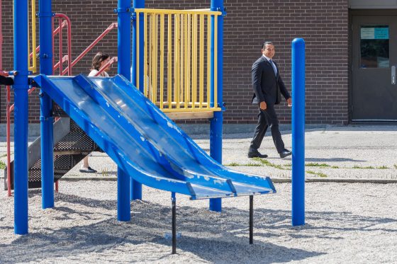 Premier Wab Kinew arrives for a news conference to announce changes to Manitoba's phys-ed curriculum. (Mike Deal / Free Press files)