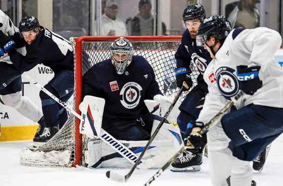 Goaltender Stuart Skinner during a training camp session on Sunday. He will be in net for tonight‘s game against the Avalanche. (John Woods / Free Press)