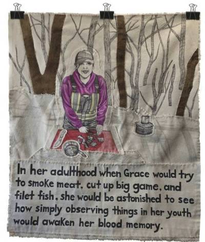 Supplied
                                Jessie Jannuska&rsquo;s solo exhibition explores Indigenous storytelling through a large mixed-media comic called The Wolf and the Eagle in the Rain.