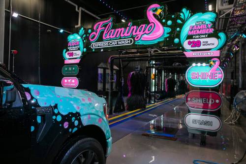BROOK JONES/FREE PRESS Flamingo Express Car Wash, which leans into the flamingo and tropical aesthetics, at 868 Regent Ave. West in Transcona opened on Aug. 19, 2026. Pictured: The car wash conveyor tunnel on Thursday, Sept. 3, 2026.