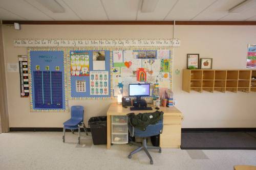 MIKE DEAL / WINNIPEG FREE PRESS A teachers desk in a classroom at R. F. Morrison School. See Maggie Macintosh story 210519 - Wednesday, May 19, 2021.