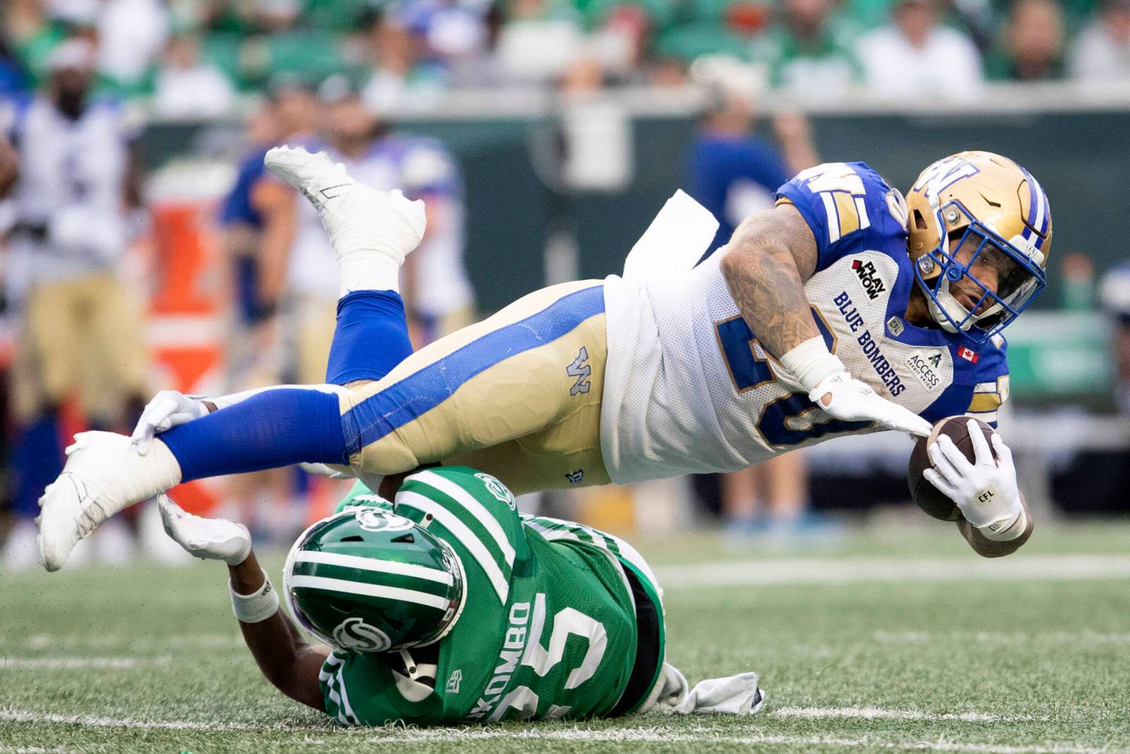 Slow start but gritty play not enough in Bombers OT loss to Roughriders in Labour Day Classic