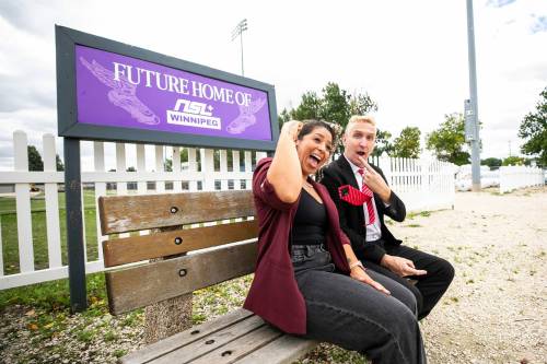 MIKAELA MACKENZIE / FREE PRESS
                                NSL Winnipeg co-founders Desiree Scott (left) and Rob Gale at Tuesday&rsquo;s announcement that Ralph Cantafio Soccer Complex is the future home for the team&rsquo;s club.
