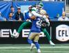 Winnipeg Blue Bombers' Ridge Texada (26) defends against Saskatchewan Roughriders' Shemar Bridges (84) during first half CFL football action in Winnipeg, Saturday, Sept. 12, 2026. THE CANADIAN PRESS/John Woods