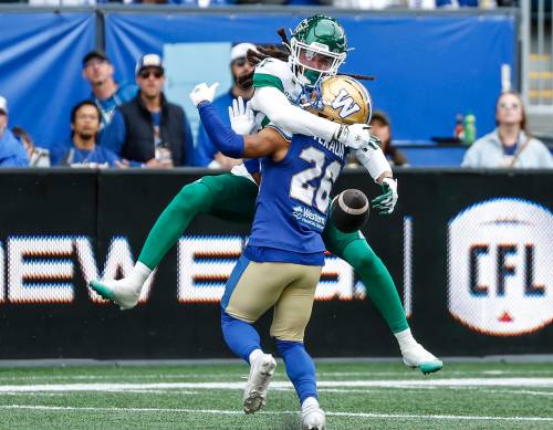 Winnipeg Blue Bombers' Ridge Texada (26) defends against Saskatchewan Roughriders' Shemar Bridges (84) during first half CFL football action in Winnipeg, Saturday, Sept. 12, 2026. THE CANADIAN PRESS/John Woods