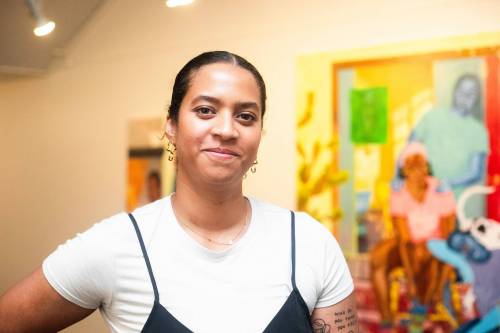 MIKAELA MACKENZIE / FREE PRESS
                                Bria Fernandes with her new show, Things Left Unsaid, at Gallery 1C03 in the University of Winnipeg on Wednesday, Sept. 10, 2025. For Jen story. Free Press 2025