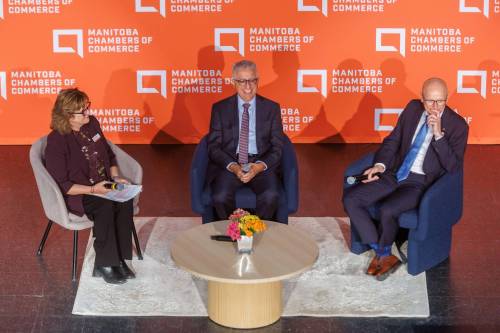 MIKE DEAL / FREE PRESS 
                                Beverlie Stuart (from left), president & CEO of Manitoba Aerospace, moderates a discussion with University of Manitoba president Michael Benarroch and RRC Polytech president Fred Meier at a Manitoba Chambers of Commerce event Tuesday morning in Winnipeg.