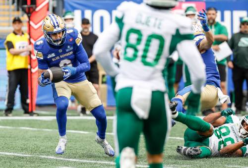 JOHN WOODS / THE CANADIAN PRESS FILES
                                Winnipeg Blue Bombers&rsquo; Redha Kramdi (left) had an interception and a forced fumble for the club in the Banjo Bowl &mdash; the safety&rsquo;s first game back after missing six games due to a hand injury.