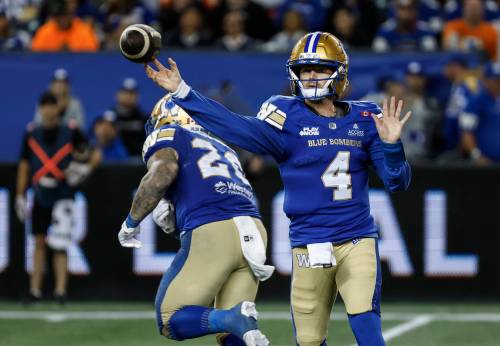 JOHN WOODS / THE CANADIAN PRESS
                                Winnipeg Blue Bombers quarterback Dru Brown (4) throws against the Toronto Argonauts during the second half in Winnipeg on Friday.