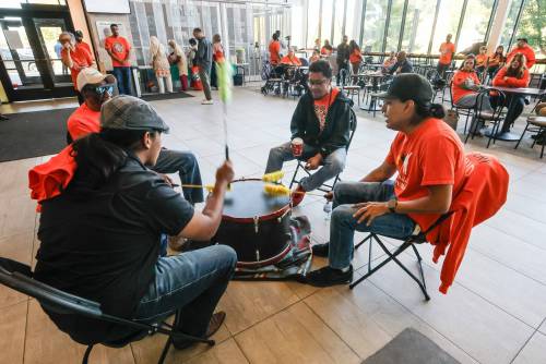 JOHN WOODS / FREE PRESS
                                Drummers perform at the Islamic Social Services Association Muslin-Indigenous Orange Shirt Day event at the Canadian Mennonite University in Winnipeg, Sunday, September 27, 2026.