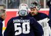 JOHN WOODS / FREE PRESS
                                Winnipeg Jets goaltenders Domenic DiVincentiis (50) and Stuart Skinner (74) talk to a coach during training camp on Sept. 20.