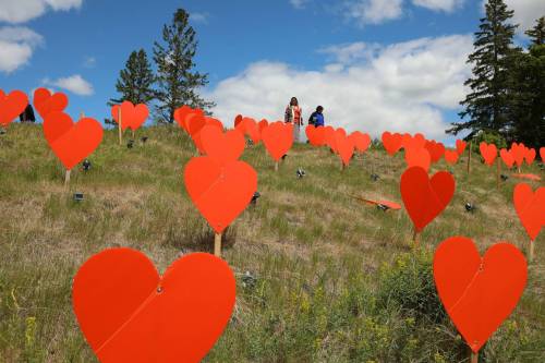 Tim Smith / Brandon Sun
                                Orange hearts memorialize the children who died at the Brandon Indian Residential School.