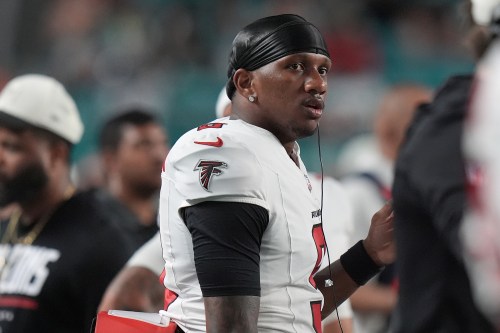 Atlanta Falcons quarterback Michael Penix Jr. stands on the sideline during the second half of an NFL preseason football game against the Miami Dolphins, Friday, Aug. 28, 2026, in Miami Gardens, Fla. (AP Photo/Lynne Sladky)