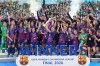 FILE - Barcelona's Irene Paredes lifts the trophy after winning the Women's Champions League final soccer match between FC Barcelona and OL Lyonnes, in Oslo, on May 23, 2026. (AP Photo/Kirsty Wigglesworth)
