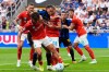 Inter's Pio Esposito fights for the ball with Napoli's Rafa Marin, Napoli's Antonio Vergara, Napoli's Stanislav Lobotka during the Serie A soccer match between Inter and Napoli at the San Siro Stadium in Milan, Italy, Saturday, Sept. 5, 2026. (Fabio Ferrari/LaPresse via AP)