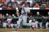 Cleveland Guardians' Patrick Bailey hits an RBI single during the second inning of a baseball game against the Baltimore Orioles, Tuesday, Sept. 8, 2026, in Baltimore. (AP Photo/Stephanie Scarbrough)