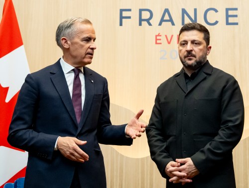 Canada’s Prime Minister Mark Carney meets with Volodymyr Zelenskyy president of Ukraine, during the G7 summit in Evian-les-Bains, France, on Tuesday, June 16, 2026. THE CANADIAN PRESS/Christopher Katsarov