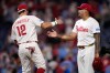Philadelphia Phillies' Jhoan Duran, right, and Kyle Schwarber celebrate after the Phillies won a baseball game against the Houston Astros Wednesday, Sept. 9, 2026, in Philadelphia. (AP Photo/Matt Slocum)