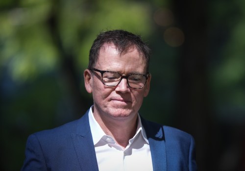 BC United Leader Kevin Falcon walks outside of the hotel in Vancouver, on Wednesday, August 28, 2024. THE CANADIAN PRESS/Darryl Dyck