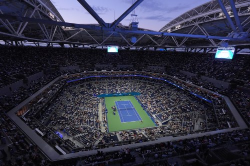 Jessica Pegula, of the United States, bottom, competes against Aryna Sabalenka, of Belarus, during the women's singles semifinals of the U.S. Open tennis championships Thursday, Sept. 10, 2026, in New York. (AP Photo/Frank Franklin II)