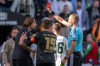 Referee Martin Petersen shows coach Elversberg's Vincent Wagner a yellow-red card during the Bundesliga soccer match between SC Paderborn 07 and SC Freiburg, in Paderborn, Germany, Saturday Sept. 5, 2026. (Swen Pförtner/dpa via AP)